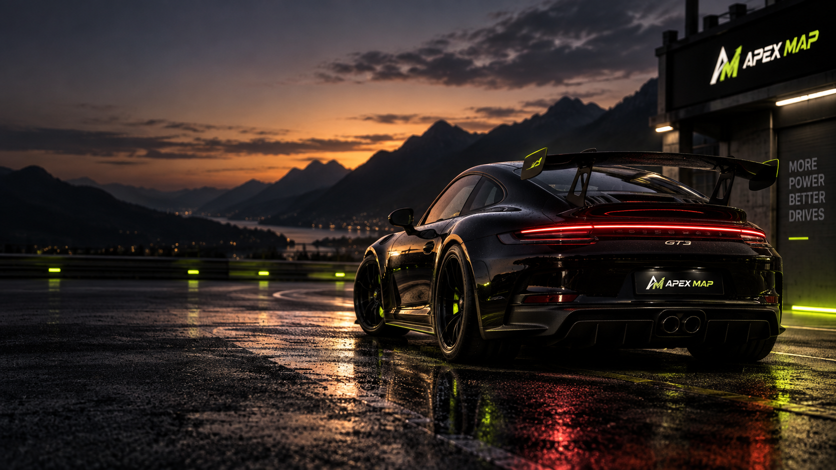 Porsche GT3 e insegna ApexMap al tramonto, immagine illustrativa