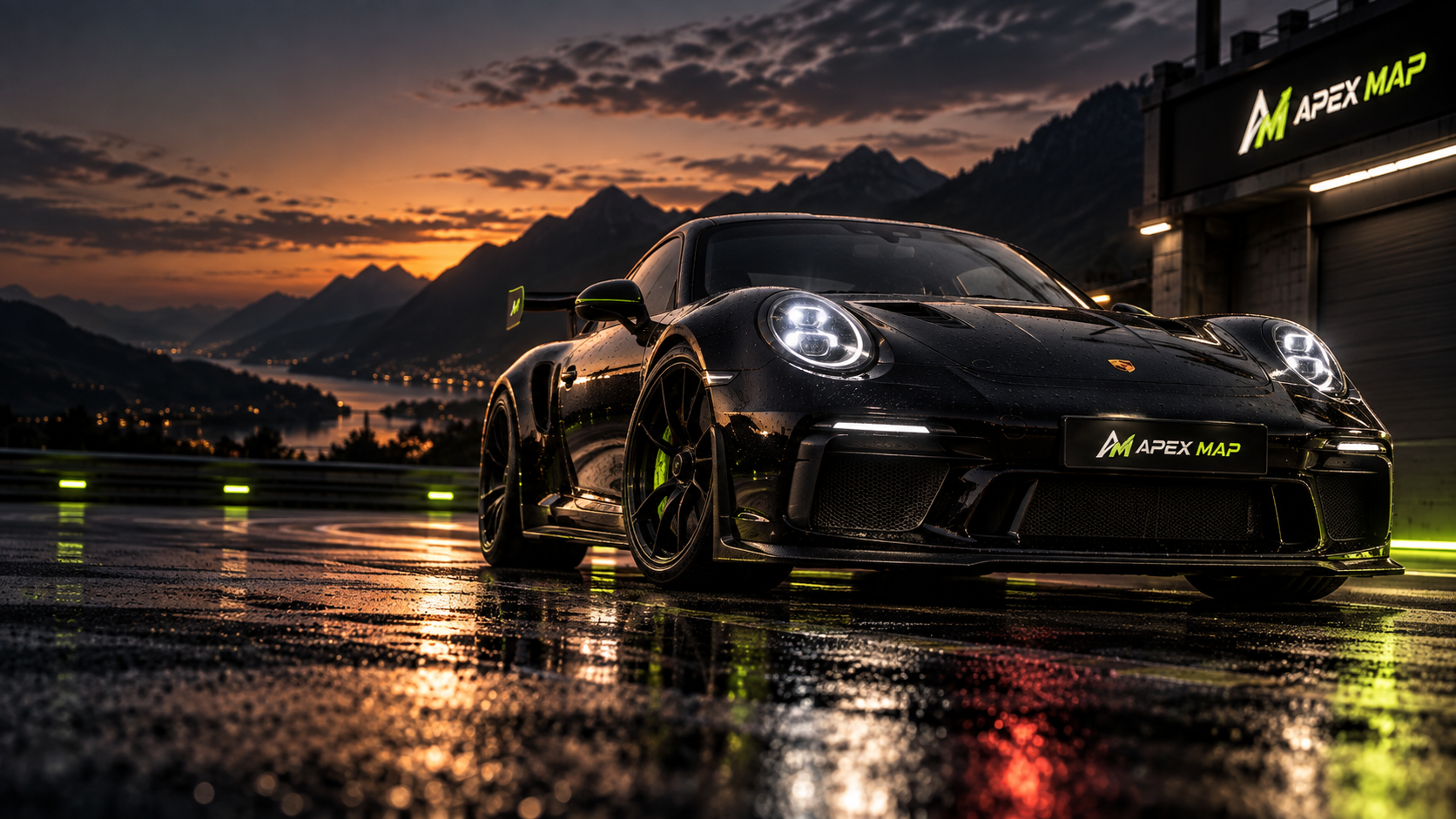 Porsche e insegna ApexMap al tramonto, immagine illustrativa